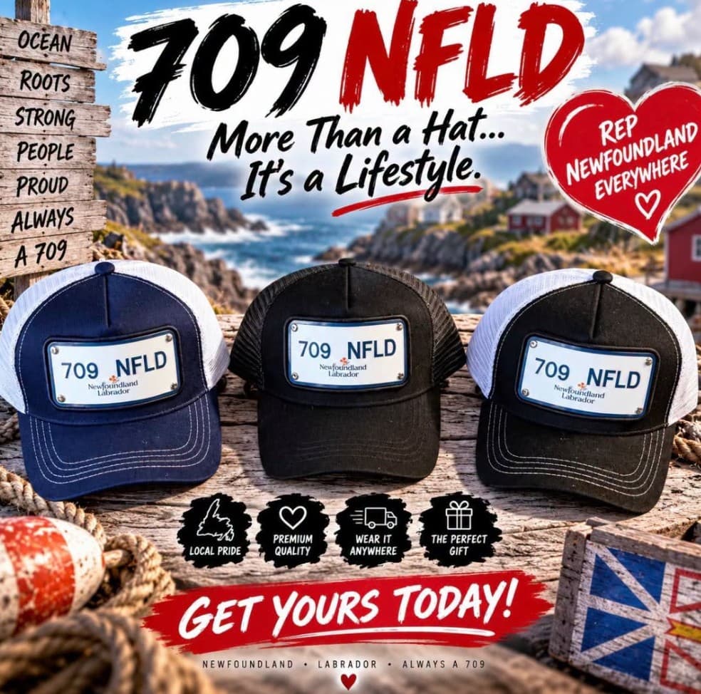 709 NFLD trucker hats with Newfoundland and Labrador license plate patches on a wooden dock