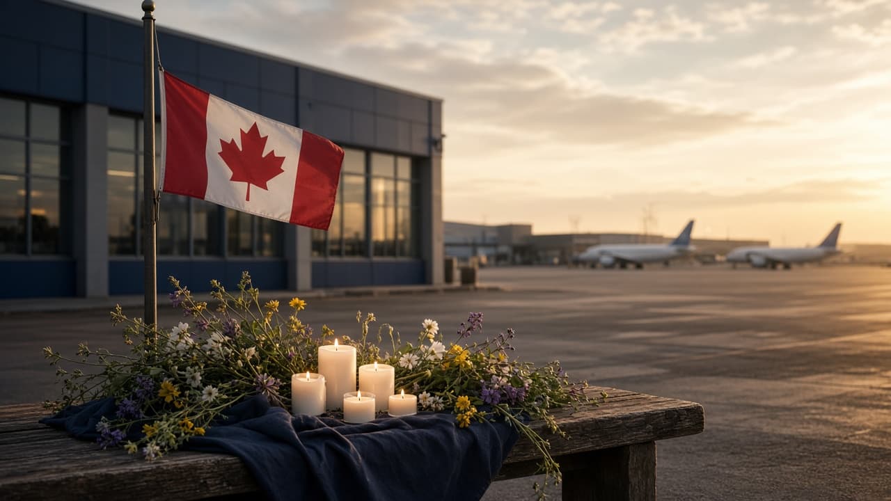 Quiet Gander airport memorial with candles, flowers, and Canadian flags at half-mast